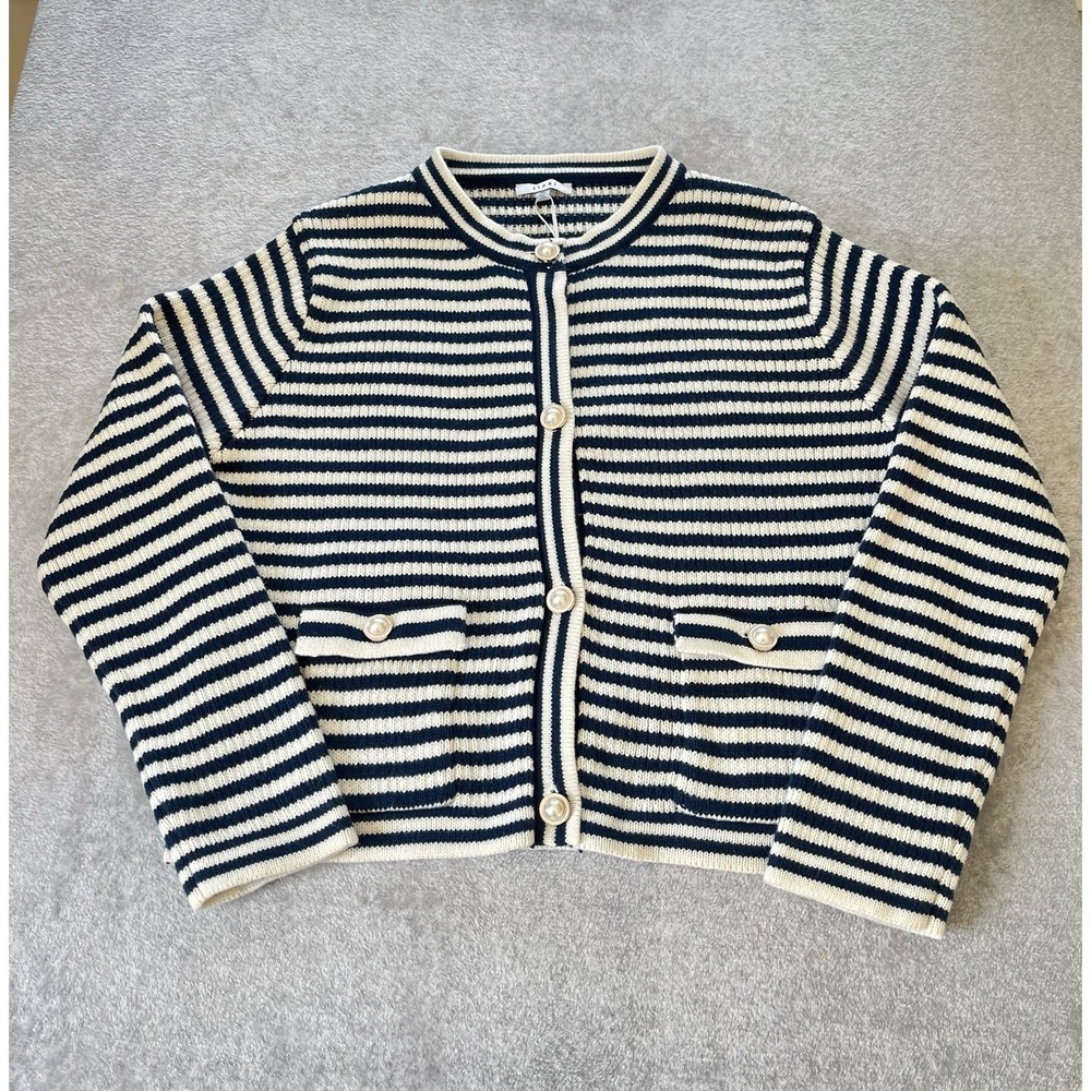 SIONI NWOT Navy White Striped Cardigan Pearl Buttons Nautical Button Up Sz XL